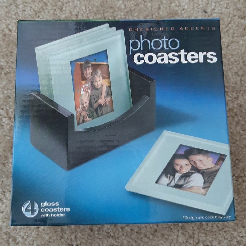 Glass Photo Coasters with Holder New
